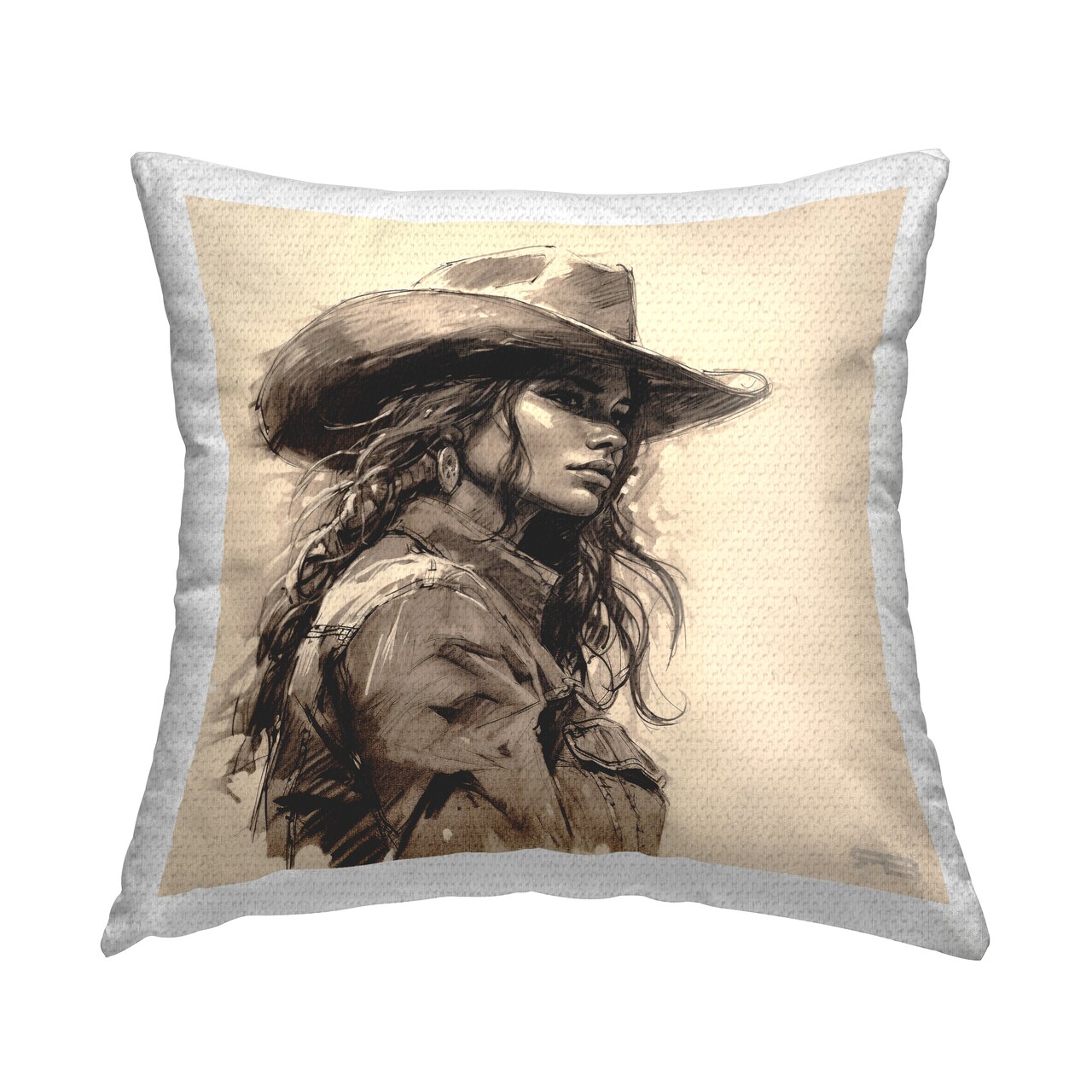Stoic Cowgirl Looking Away Outdoor Printed Pillow Design by RB, 18 x 7 x 18